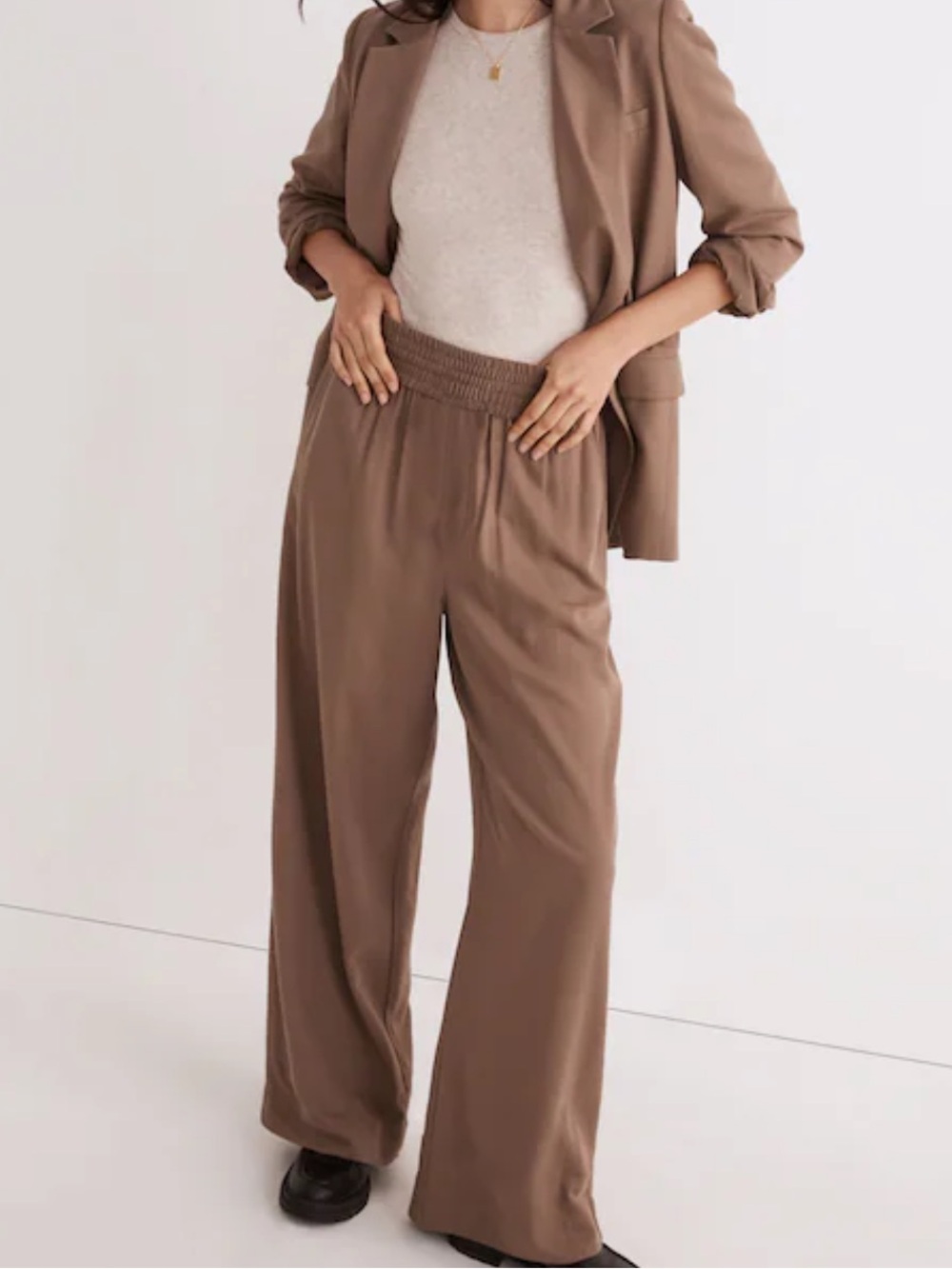 Madewell Drapeweave Carley Wide-Leg Pants-Castle Rock Brown-Size Large-Preppy